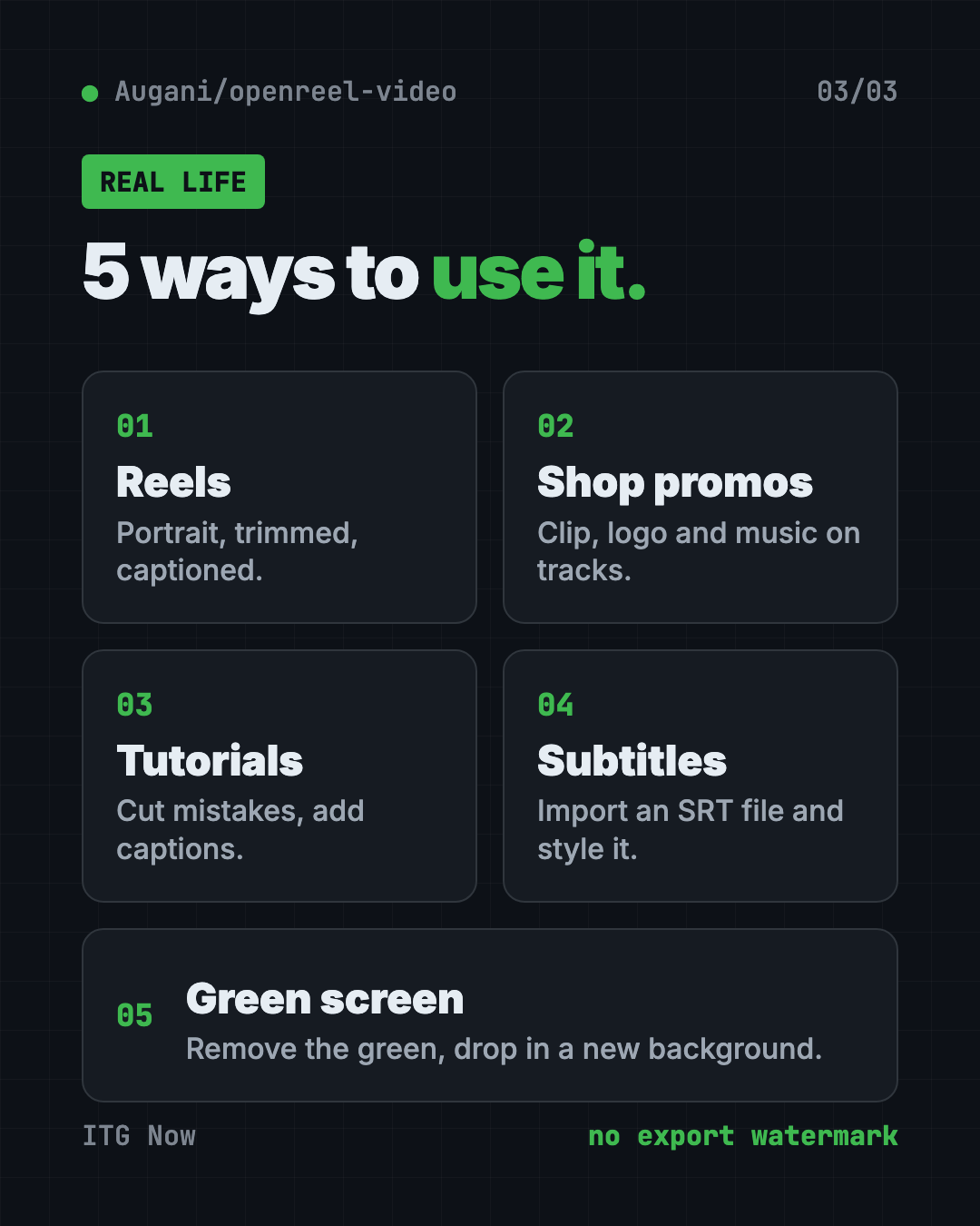 5 ways to use the free OpenReel video editor: social Reels, shop promos, class tutorials, subtitles and green-screen shots