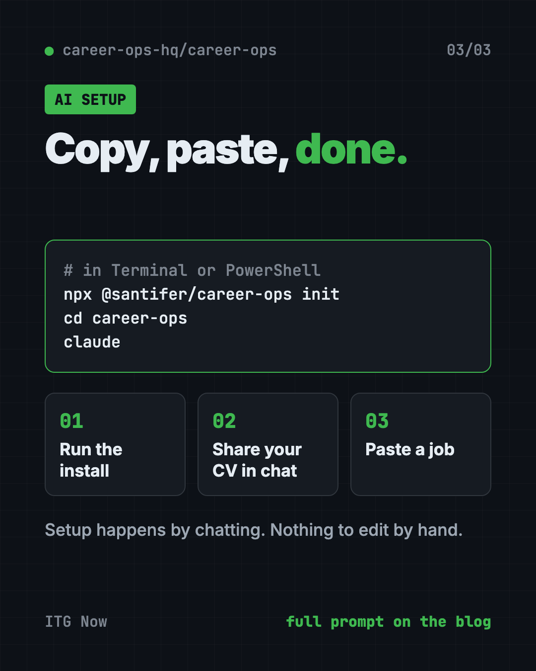 Set up the free AI job search tool Career-Ops with Claude Code or Codex: copy the prompt, paste it, approve each step