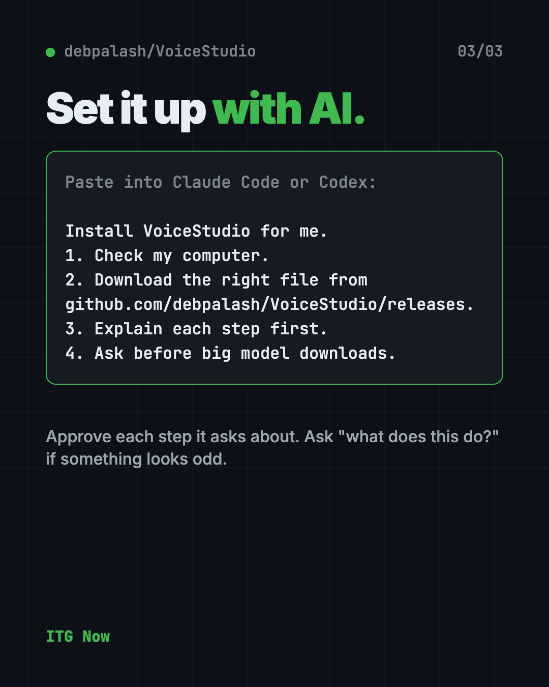 Set up VoiceStudio with Claude Code or Codex: copy the prompt, paste it, approve each step
