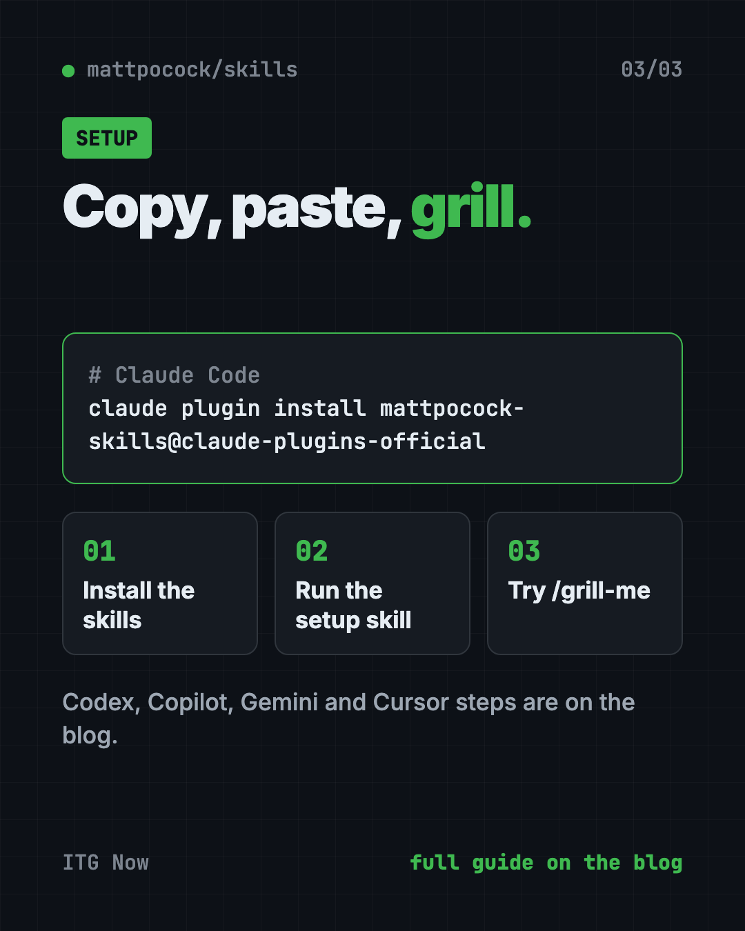 Set up Matt Pocock skills with Claude Code or Codex in 3 steps: install, run setup, start with grill-me