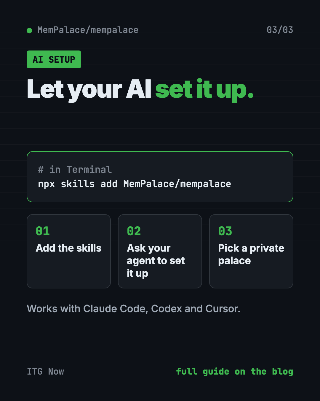 Set up MemPalace AI memory with Claude Code or Codex: add the skills, ask your agent, choose a private palace
