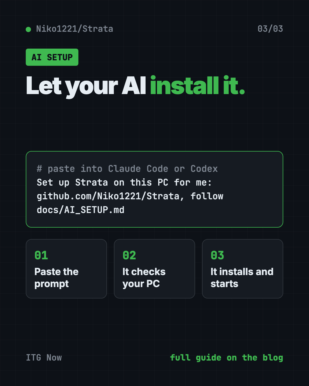 Set up Strata local AI in 3 steps: paste the setup prompt into your AI helper, it checks your PC, then it installs and starts the model