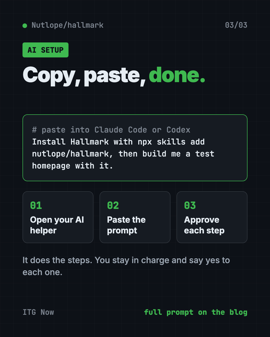 Set up the Hallmark AI web design skill with Claude Code or Codex: copy the prompt, paste it, approve each step