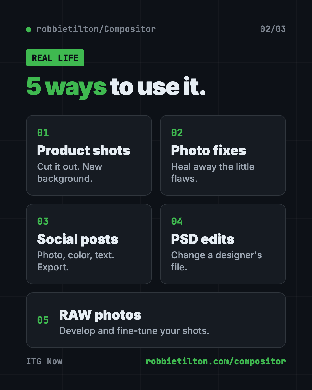 5 ways to use Compositor, the free Mac photo editor: product photos, photo fixes, social posts, PSD edits and RAW photos