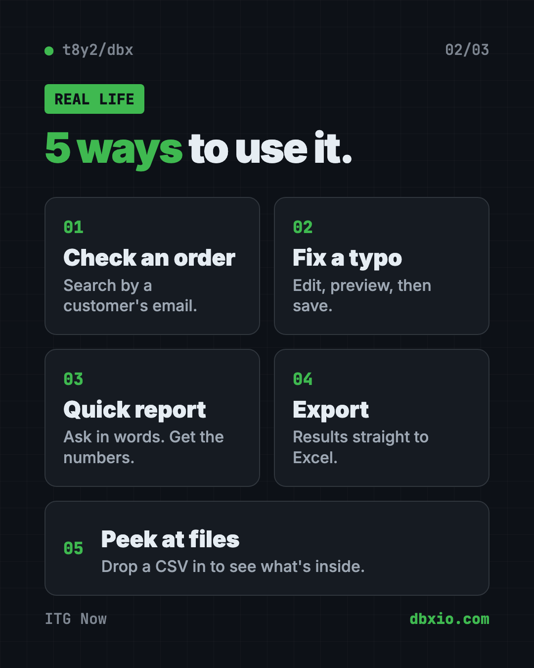 5 ways to use DBX, the free database client: check an order, fix a typo, quick reports, export to Excel and preview CSV files