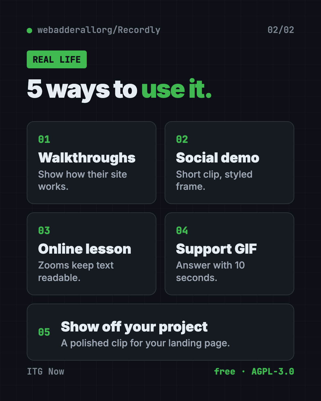 5 ways to use Recordly free screen recorder: client walkthroughs, social media demos, online lessons, support GIFs, product showcases