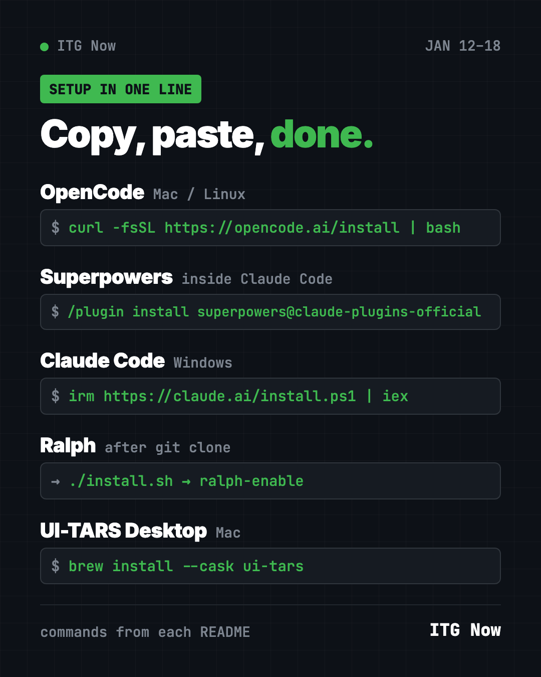 Copy, paste, done: setup lines for the top GitHub repos of mid-January 2026, OpenCode, Superpowers, Claude Code, Ralph and UI-TARS