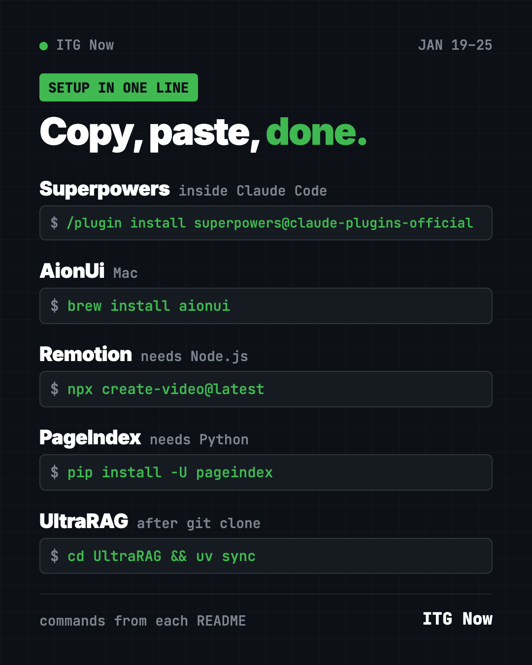 Copy, paste, done: one-line setup for Superpowers, AionUi, Remotion, PageIndex and UltraRAG from the January 19 trending list