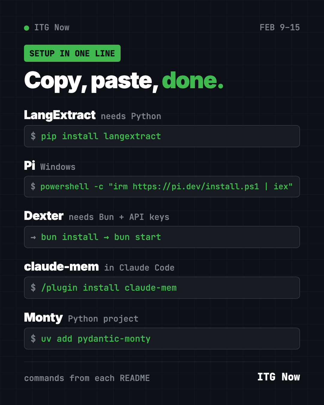 Copy, paste, done: setup lines for LangExtract, Pi, Dexter, claude-mem and Monty from the February 9 trending week
