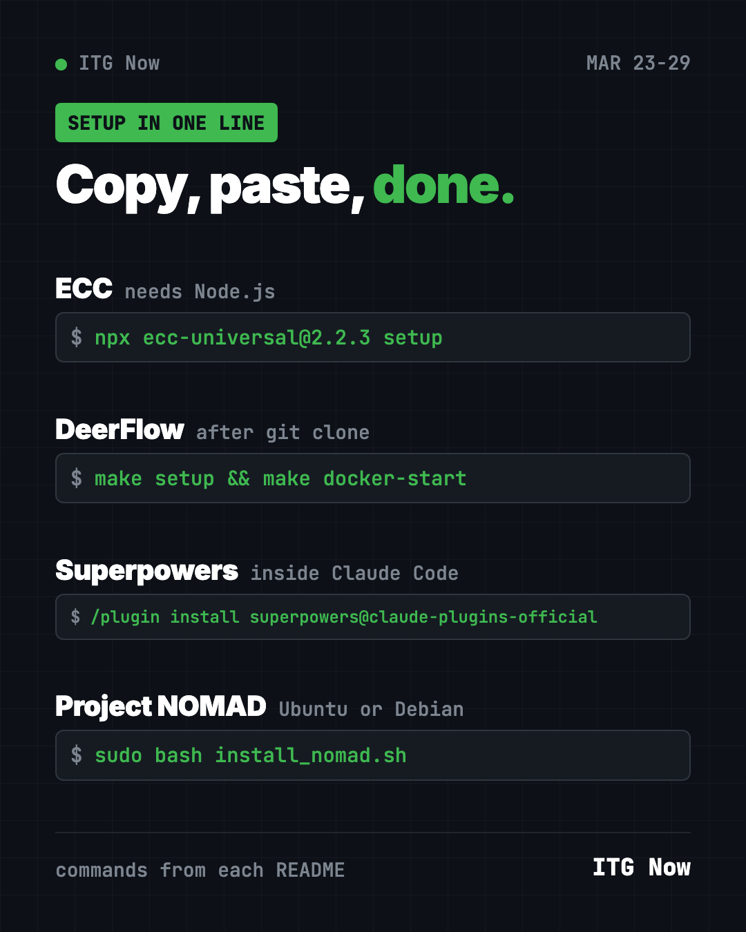 Copy, paste, done: setup lines for the GitHub trending March 23 2026 picks, ECC, DeerFlow, Superpowers and Project NOMAD