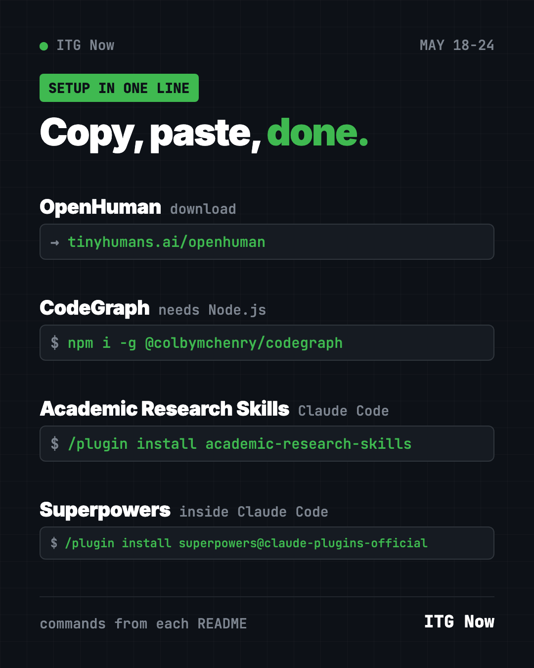 Copy, paste, done: setup lines for the trending GitHub projects May 18 2026, OpenHuman, CodeGraph, Academic Research Skills, Superpowers
