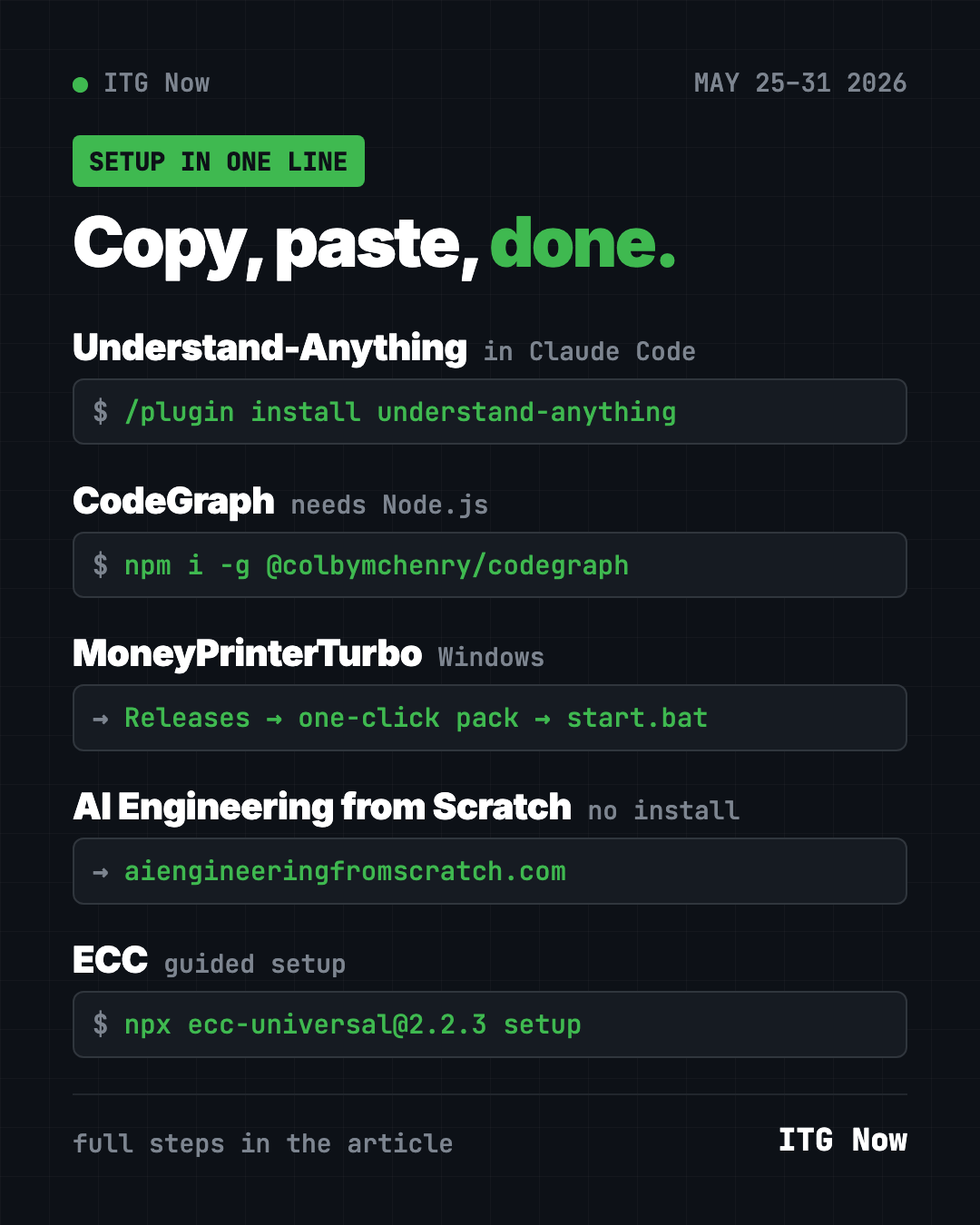 Copy, paste, done: the one-line setup for each trending GitHub repo of May 25 2026, including CodeGraph, ECC and MoneyPrinterTurbo
