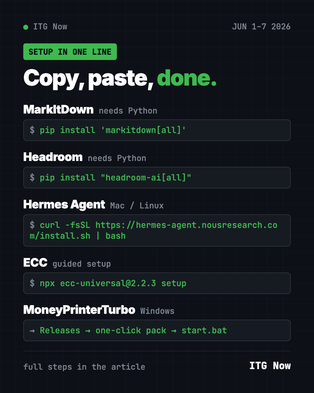 Copy, paste, done: one-line setup for each GitHub trending repo of June 1-7 2026, from MarkItDown to Hermes Agent