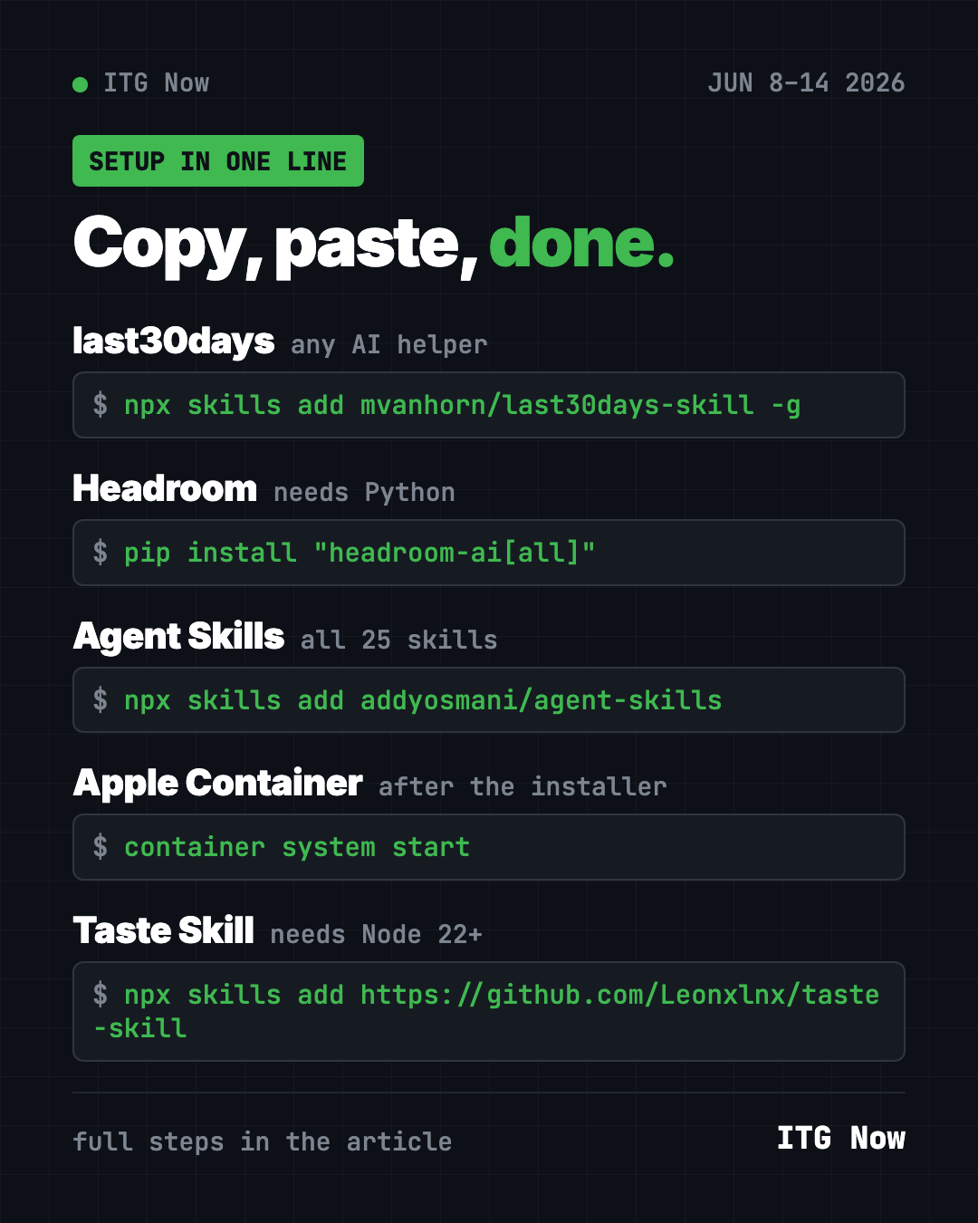 Copy, paste, done: setup commands for the top GitHub repos of the week of June 8 2026, including last30days and Agent Skills