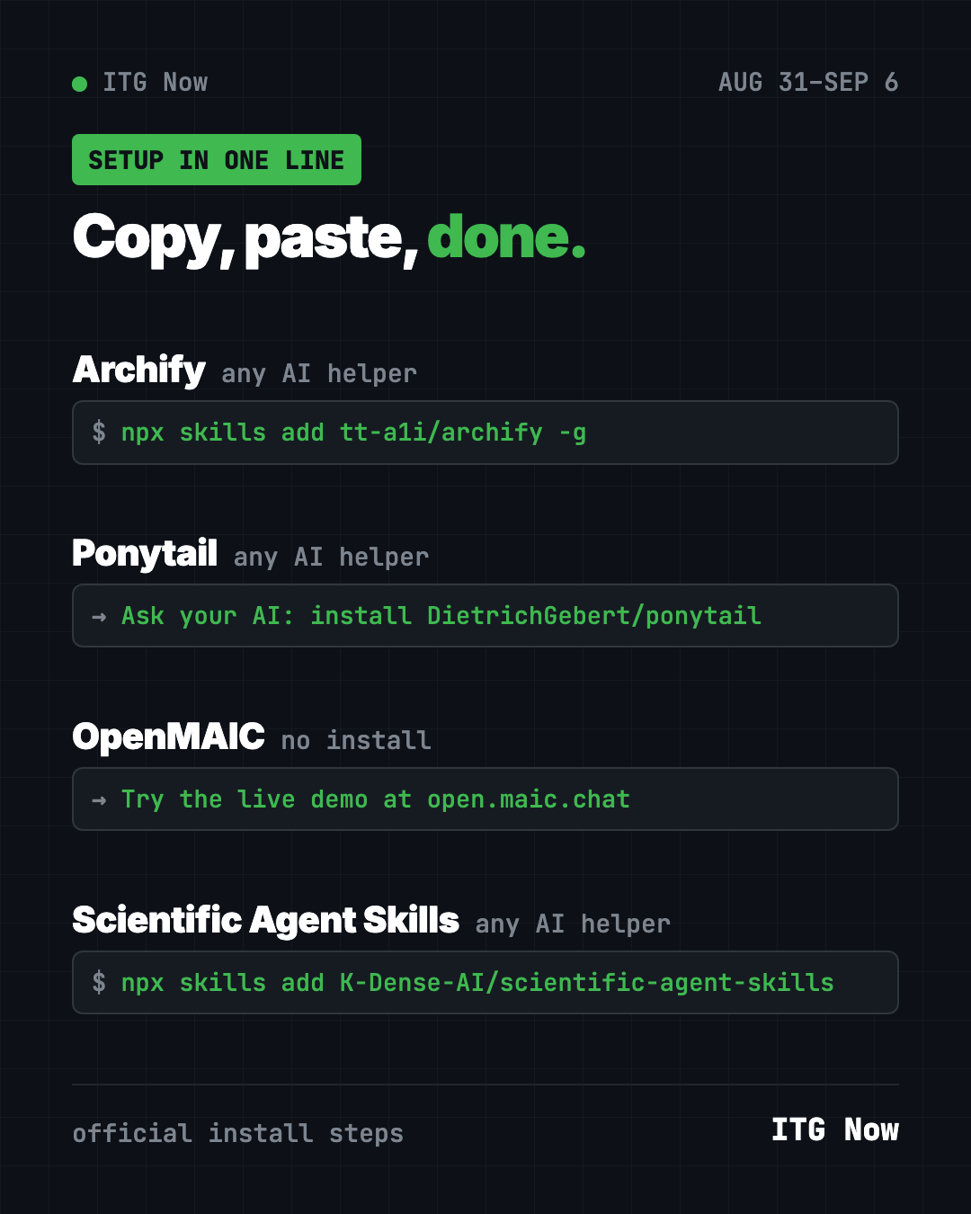 Copy, paste, done: setup lines for the trending GitHub projects of the week of August 31 2026, including the OpenMAIC live demo and the Archify skill command