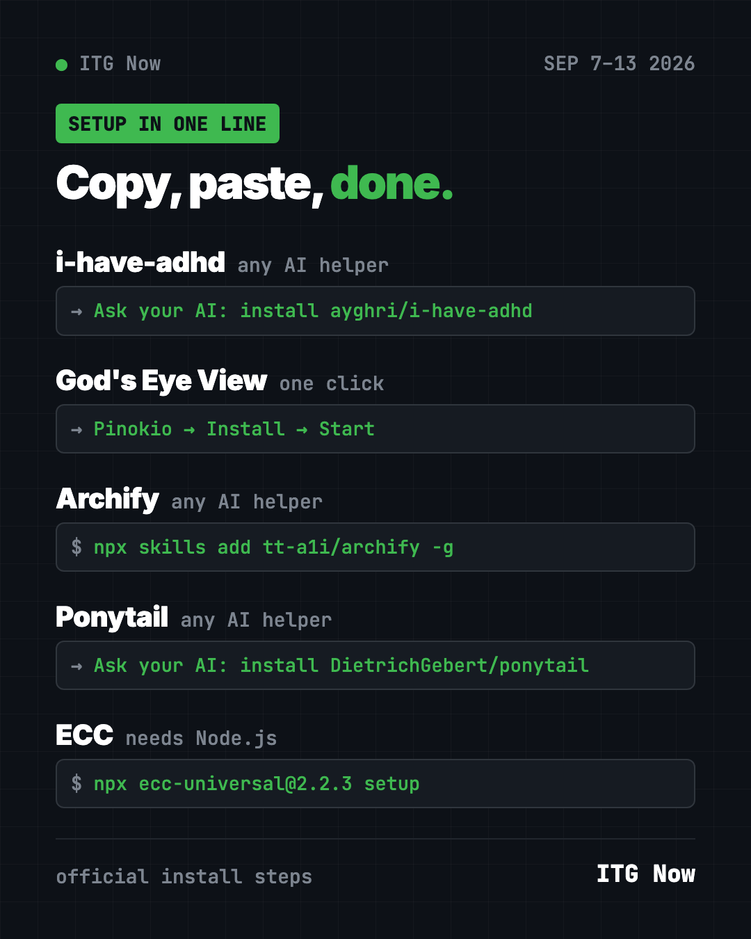 Copy, paste, done: one-line setups for the GitHub trending this week Sept 7 2026 repos, from the i-have-adhd prompt to npx ecc-universal setup