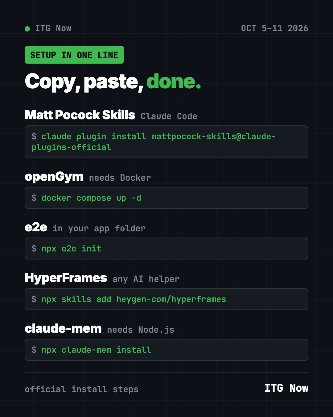 Copy, paste, done: setup lines for the top GitHub repos of the week of Oct 5, from the Matt Pocock skills plugin to npx claude-mem install